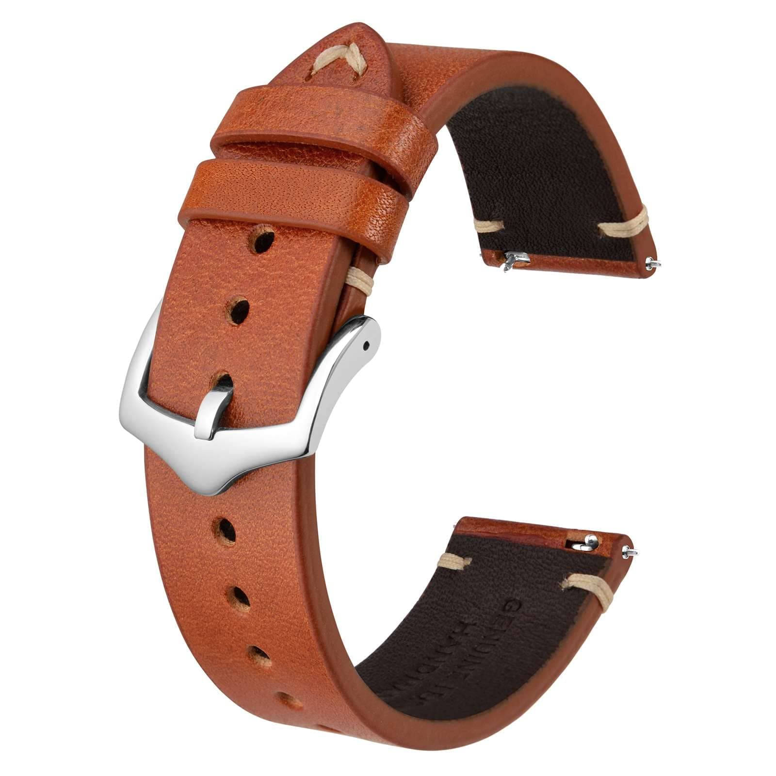 BISONSTRAP Men's Watch Bands, Hand-Stitched Leather Watch Straps, Quick Release, 18mm 20mm 22mm, Toffee Brown / Silver Buckle, 22 mm, Casual