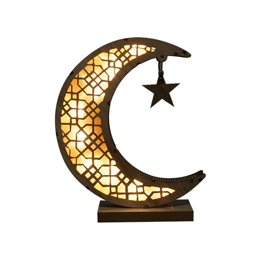 Ramadan Eid Mubarak Wooden Moon Ornaments, Muslim Islam Hanging Pendant, Eid Mubarak Ramadan Wooden Plaque Ornament LED Crescent Moon Marquee Sign