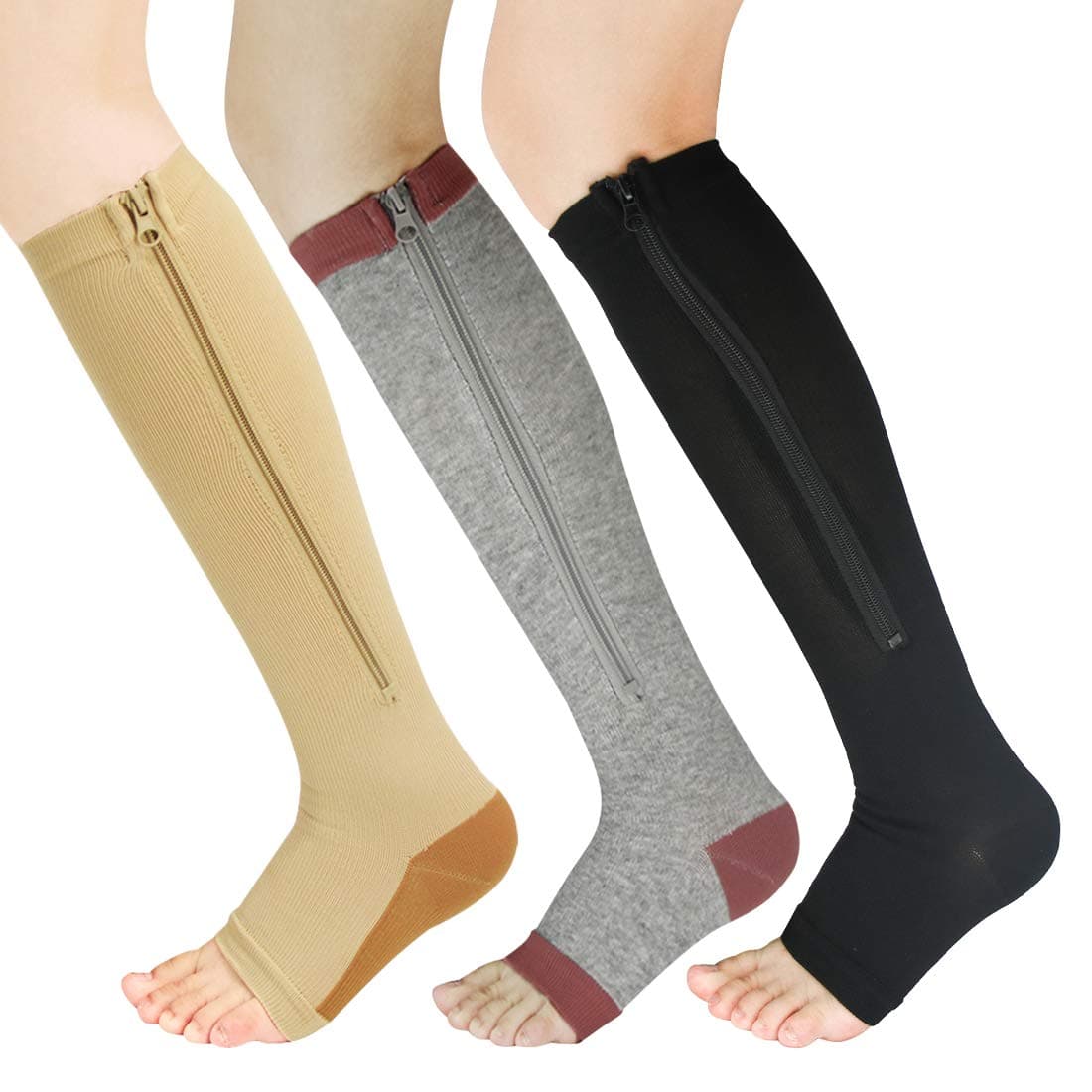 Easy On Zip compression Socks For Men Women With Toe Open Design Zipper Leg Support Knee-High Stockings-3Pair