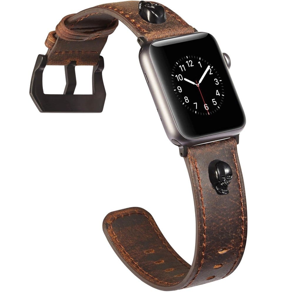 Watruer for Apple Watch Band, 42mm 44mm Genuine Leather iwatch Strap Replacement Band with Stainless Metal Clasp for Apple Watch Series 4 & 3 & 2 & 1 Sport and Edition (Terror Skull - Dark Brown)