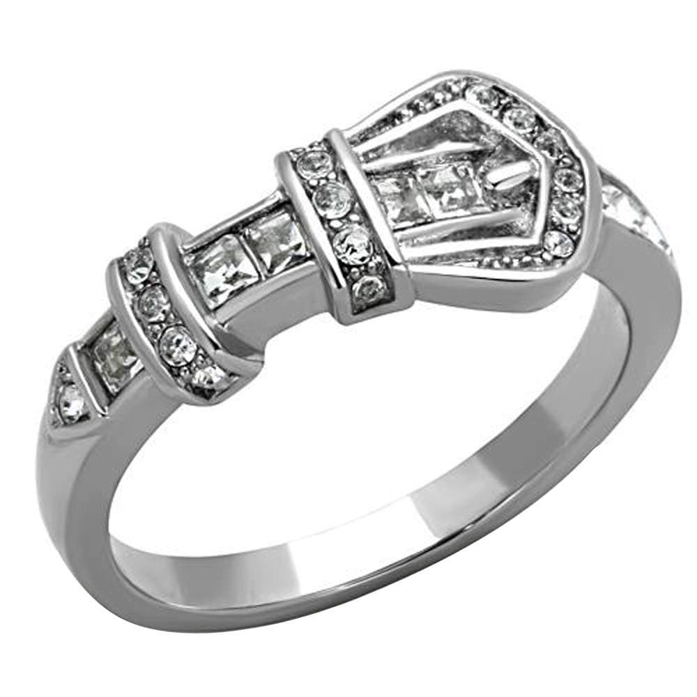 Stainless Steel CZ Belt Buckle Shape Engagement Promise Ring Women Girl Size 5-10 SPJ