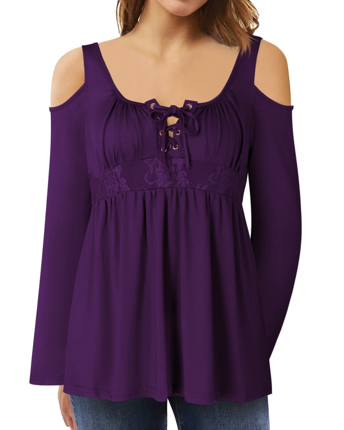 Lanisen Women Cold Shoulder Lace Up Blouses Hollow Out Long Sleeve Tunic Tops Purple M