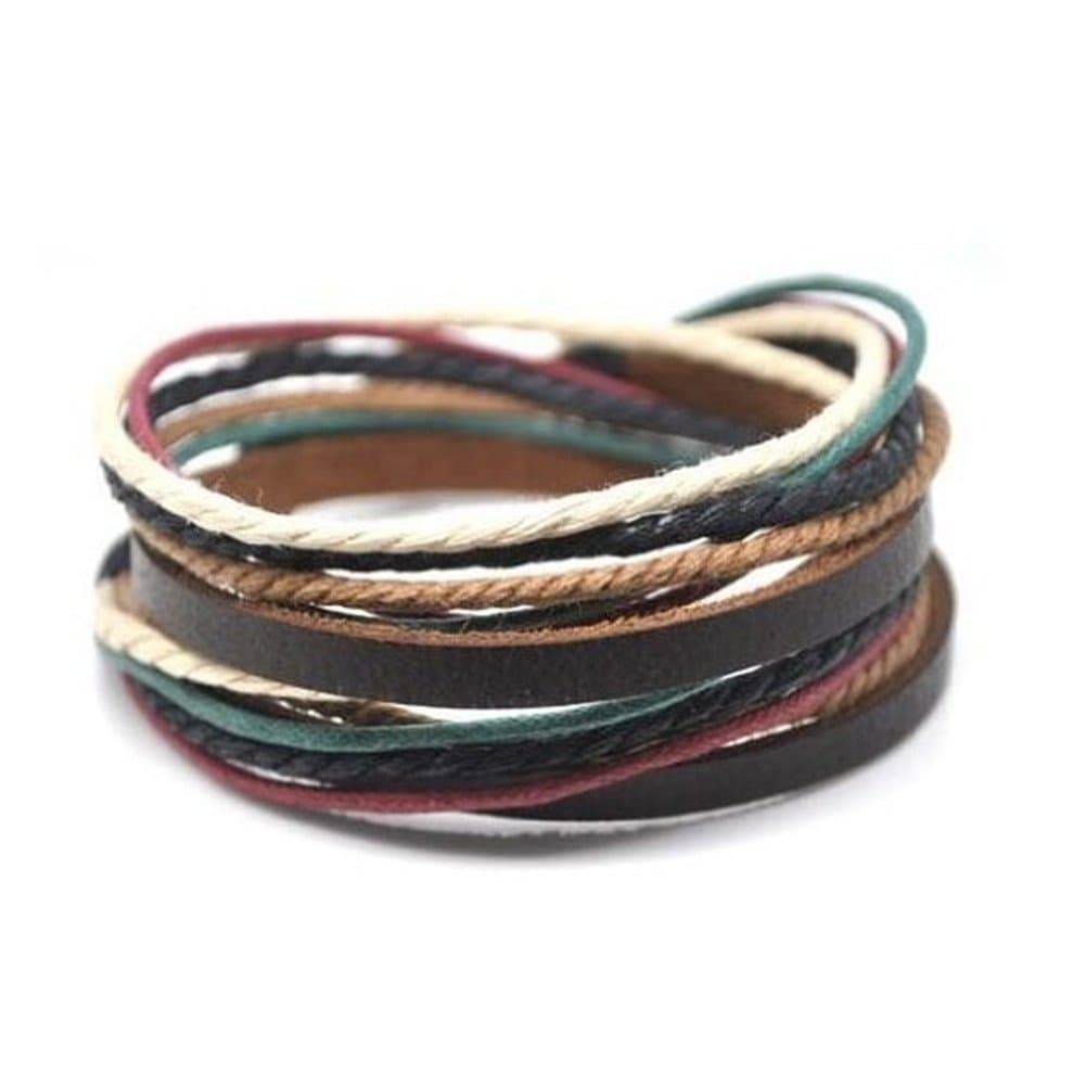 COOLLA Adjustable Men's Bracelet Cuff Brown Leather Multicolour Ropes and Metal Woven Snapper 582s