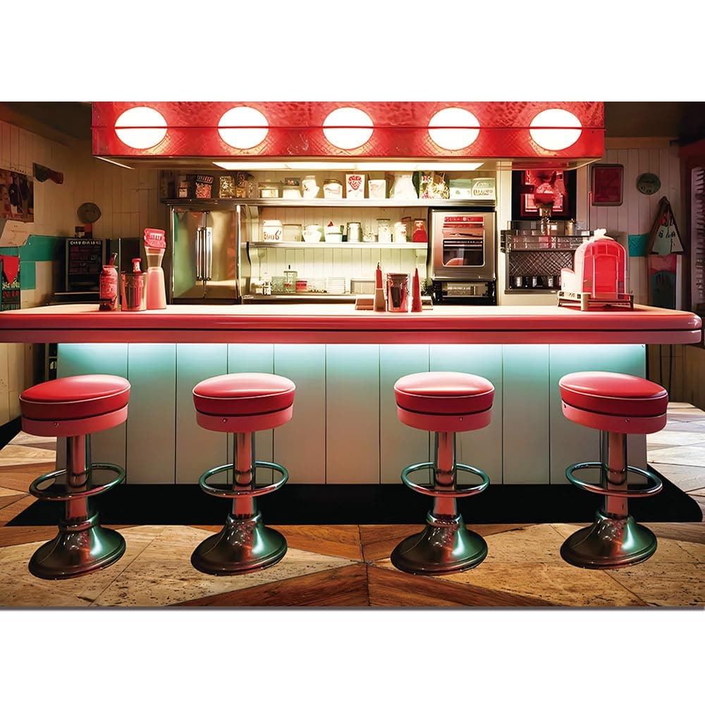 Vintage 50s Diner Photo Banner 7x5ft Classic 1950s Fast Food Soda Shop Restaurant Ice Cream Bar Photography Backdrop for Baby Shower 50s Diner Back to 50s Birthday Party Decor Supplies