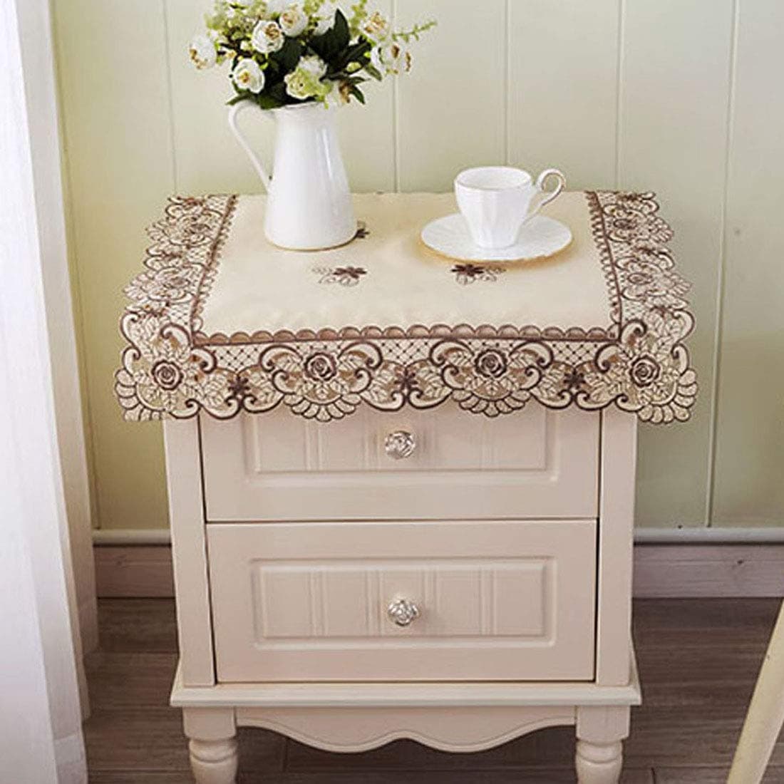 WELLYUK 22 Inch X 22 Inch Vintage Embroidered Brown Flower Classic Lace Square Tablecloth, Elegant Cabinet Dining Room Home Decoration Table Cloth Table Cover