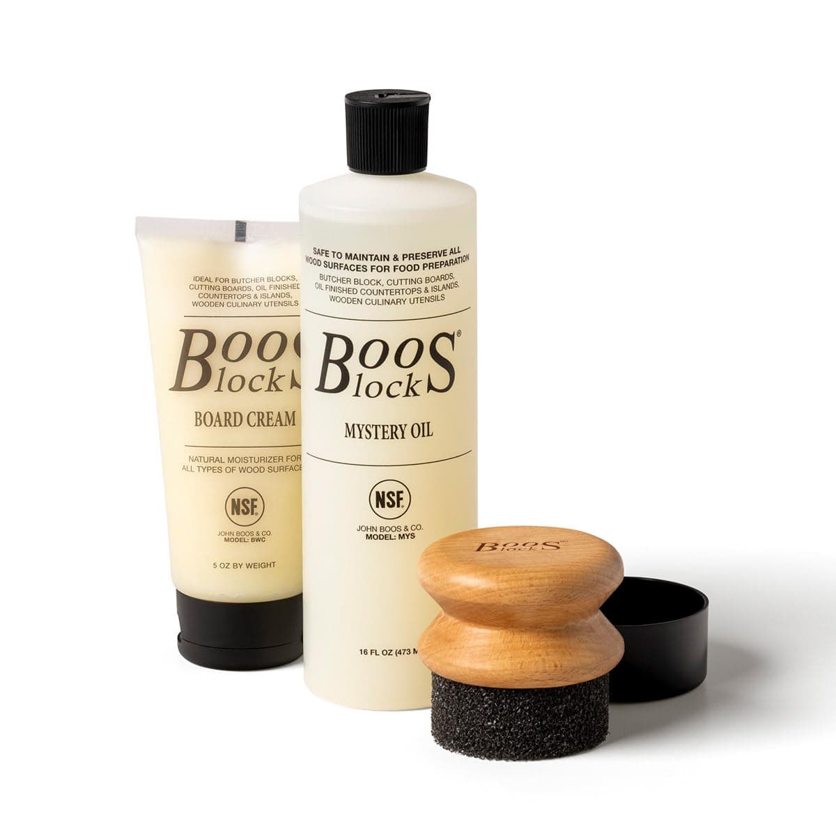 John Boos 3-Piece All-Natural Care & Maintenance Set - 16 oz Mystery Oil, 5 oz Board Cream & Round Applicator for Butcher Blocks, Cutting Boards, Wood Countertops, and Wooden Utensils