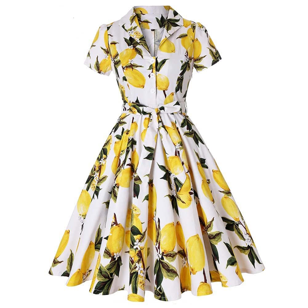 Women Notch Lapel Vintage Short Sleeve V-Neck Cocktail Swing Dress Fruit Lemon Print 50s 60s Audrey Hepburn Rockabilly Prom Dress Button up A Line Wedding Party Evening Dress with Belt Yellow Large