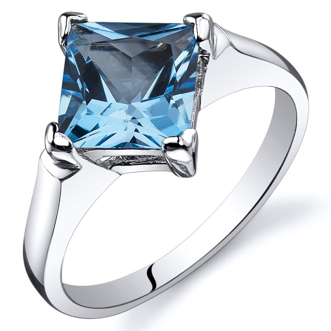 Peora Swiss Blue Topaz Engagement Ring in Sterling Silver, Classic Designer Solitaire, Princess Cut, 7mm, 2.00 Carats, Comfort Fit, Sizes 5 to 9