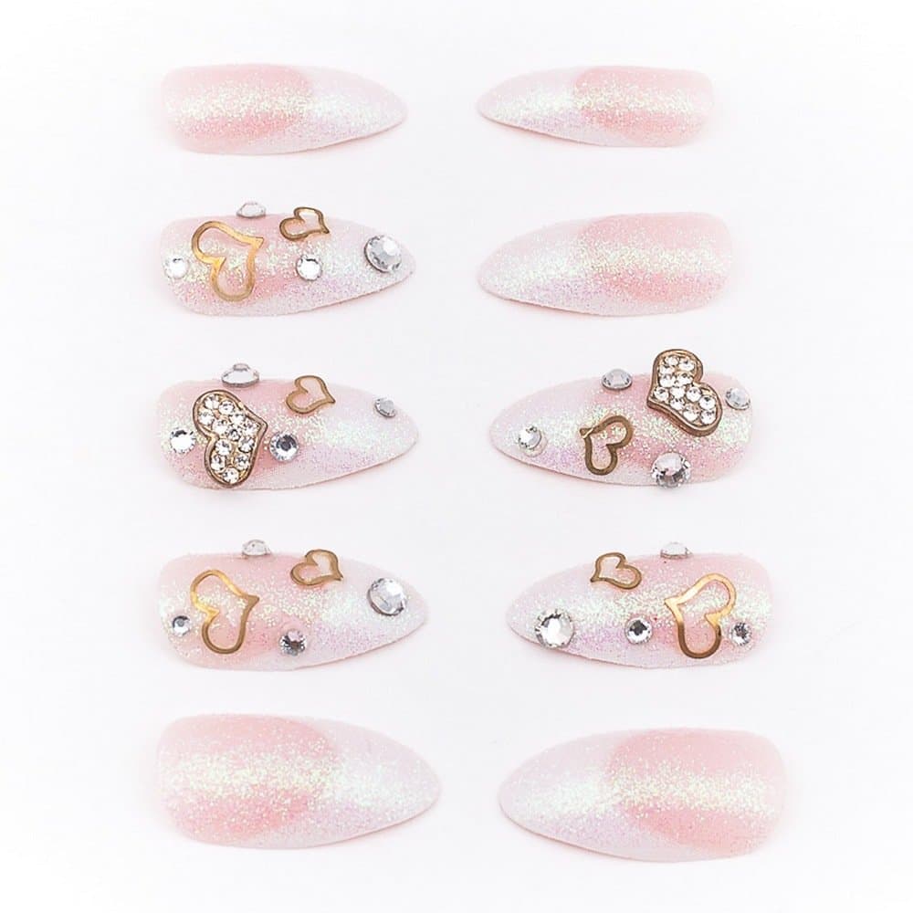KeeNail Nail Art Heart Design Fake Acrylic French Nails Tips Medium Glitter Rhinestone Pink 24 Piece Set
