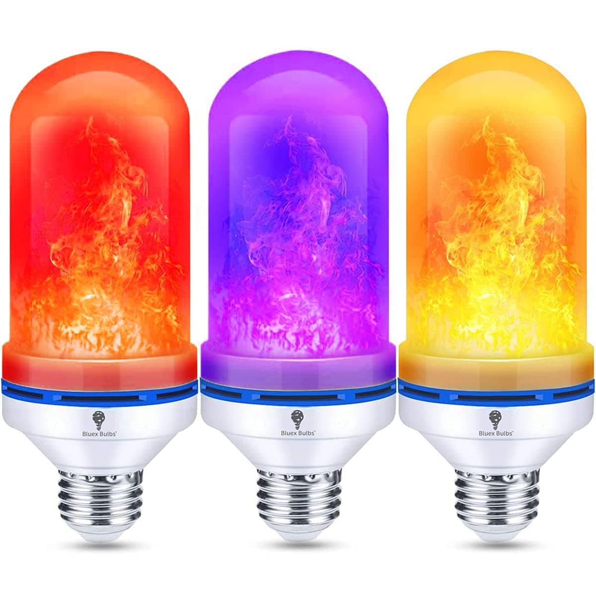 3 Pack LED Flame Light Bulbs Red Orange Purple Fire Bulbs - Decorative Fire Light Bulb 3 Mode 7W E26 - Red Orange Purple Light Bulbs for Party Halloween Bulbs, Indoor & Outdoor Flickering Light Bulbs
