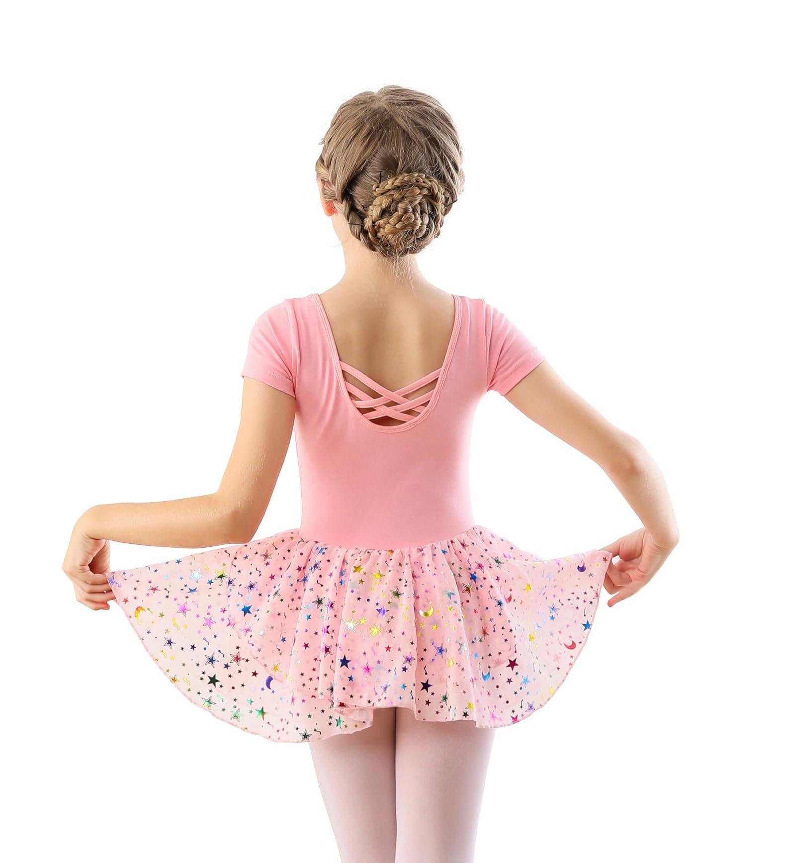 DANSHOWChildren's Ballet Clothing Girls Dance Dresses Girls Short Sleeve Ballet Leotard Ballet Suit Dance Dress with Chiffon Skirt