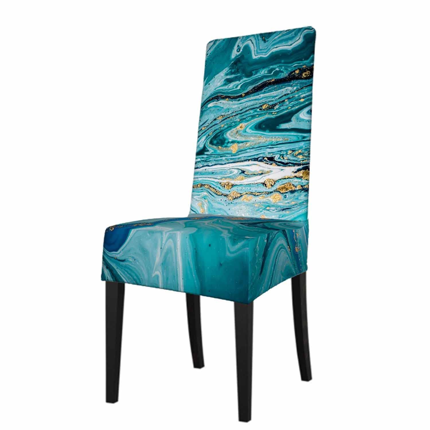 1 Pack Beautiful Natural Marble Wave Dining Room Chair Covers Decay Blue Liquid Fluid Curve Short Stretchable Polyester Removable Washable for home Restaurant Banquet