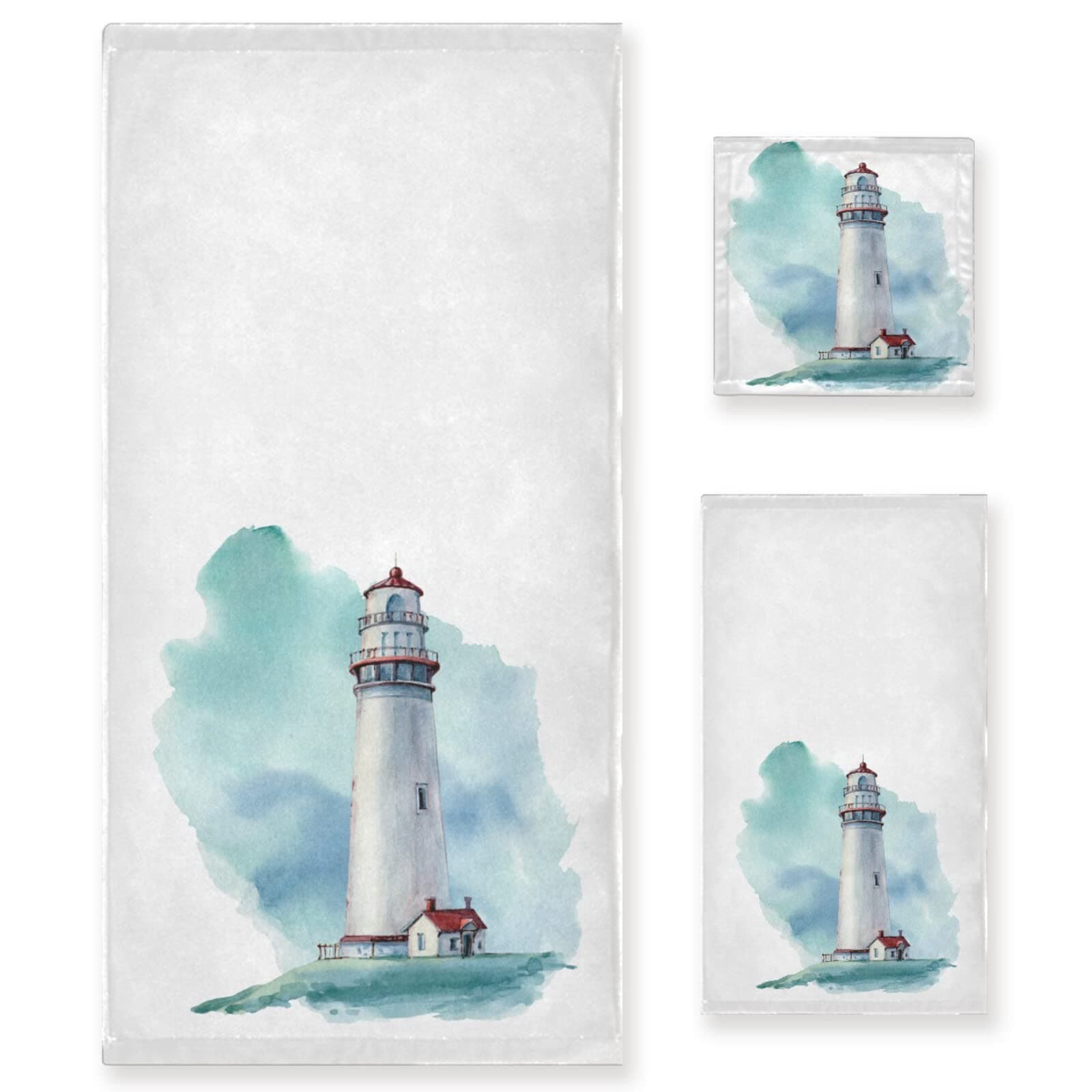 Lighthouse Bath Towel Set for Bathroom, Absorbent Watercolor White Lighthouse Towel Sets Decorative for Men Women, Soft Shower Towels Set of 3, 1 Hand Towel 1 Bath Towel and 1 Washcloth