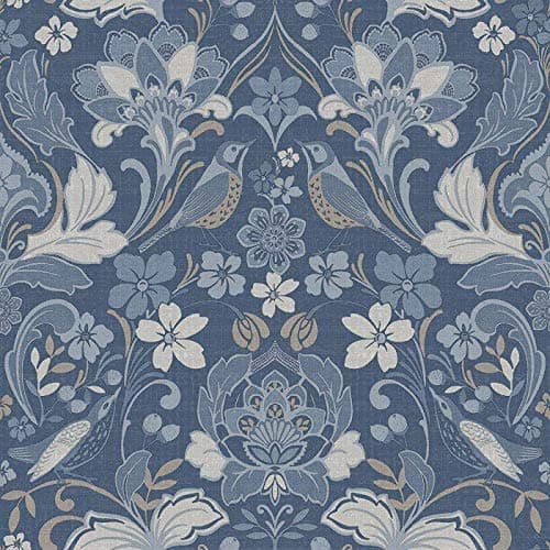 Folk Floral Denim Blue Wallpaper Flower Botanical Animal Print Bird arthouse