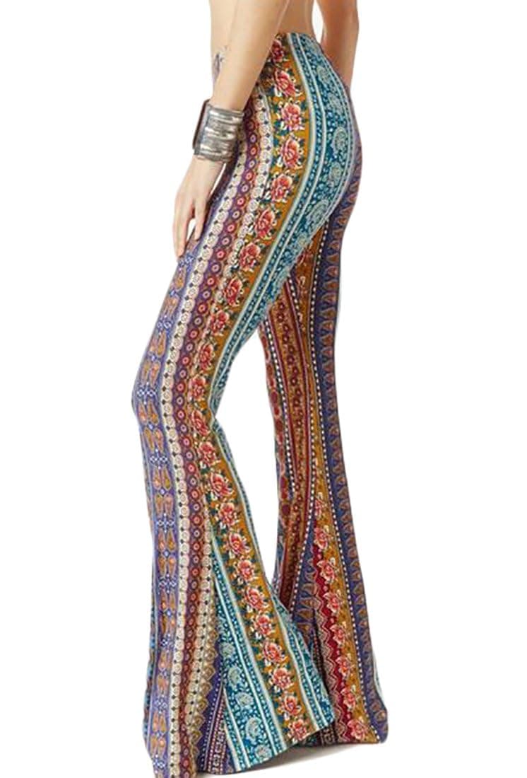 Women's Print Stretch Bell Bottom Flare Palazzo Pants Trousers