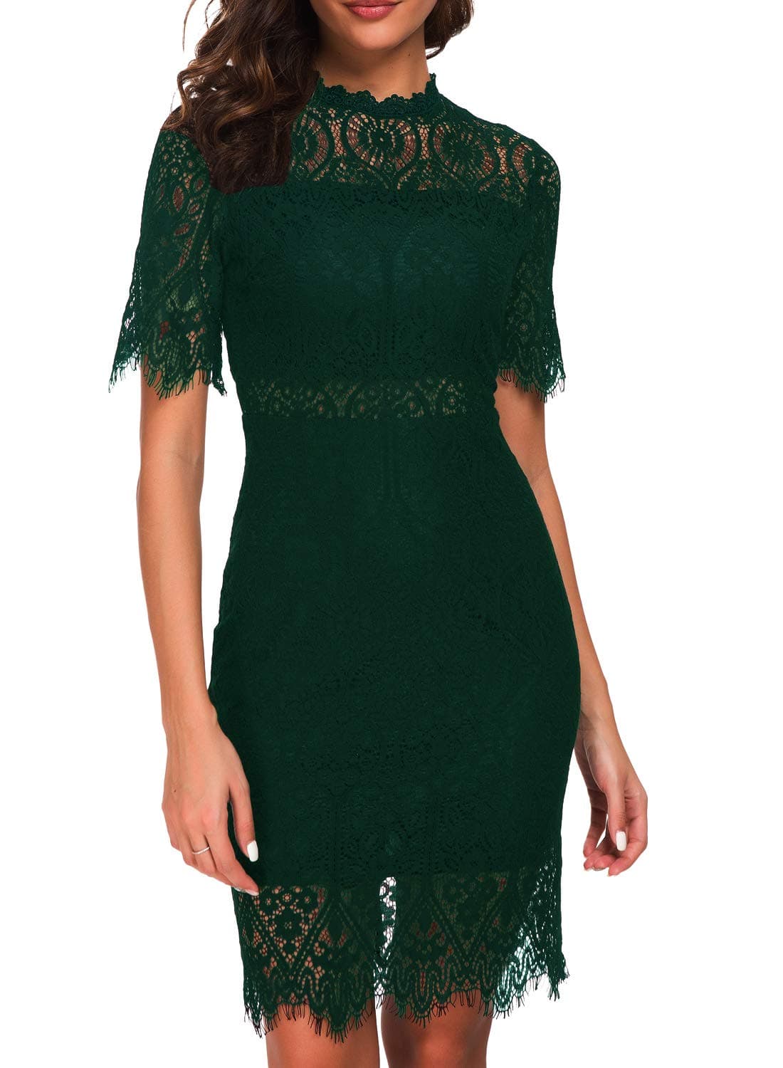 ZalalusWomen's Elegant High Neck Short Sleeves Lace Cocktail Party Dress