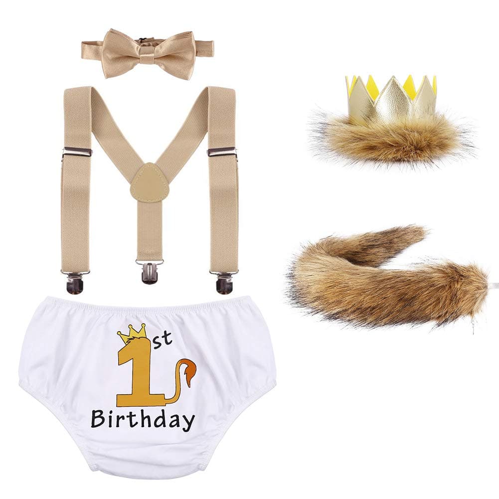 IWEMEK 3pcs/4pcs/5pcs Toddler Baby Boys 1st Birthday Cake Smash Outfits Wild One Year Party Lion Costume Bow Tie + Suspenders + Bloomers + Crown + Plush Tail Clothes Set Photo Shoot Props