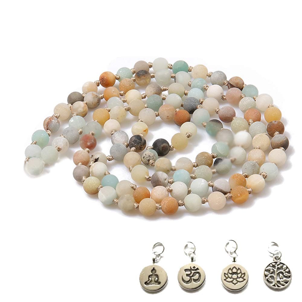 BALIBALI8MM 108 Mala Beads Necklace Semi-Precious Gem Stones Mala Meditation Necklace 108 Hand Knotted Japa Yoga Beaded Necklace