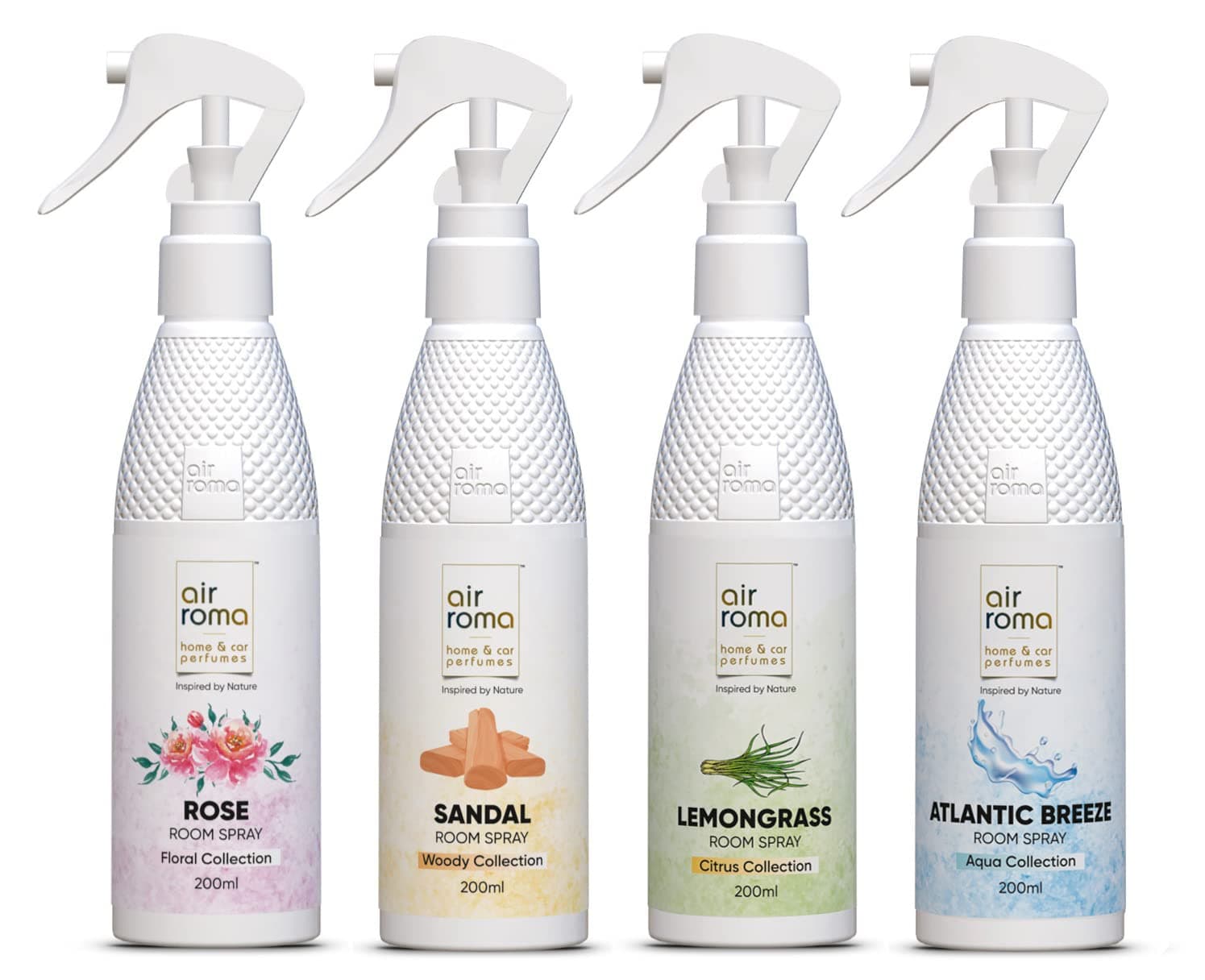 AIR-ROMA Air Freshener Spray Combo of 4 (200ml Each) | Atlantic Breeze, Sandal, Lemon Grass, Rose | Long-Lasting Odour Eliminator for Living Room, Hotels, Work Space, Office, Toilet
