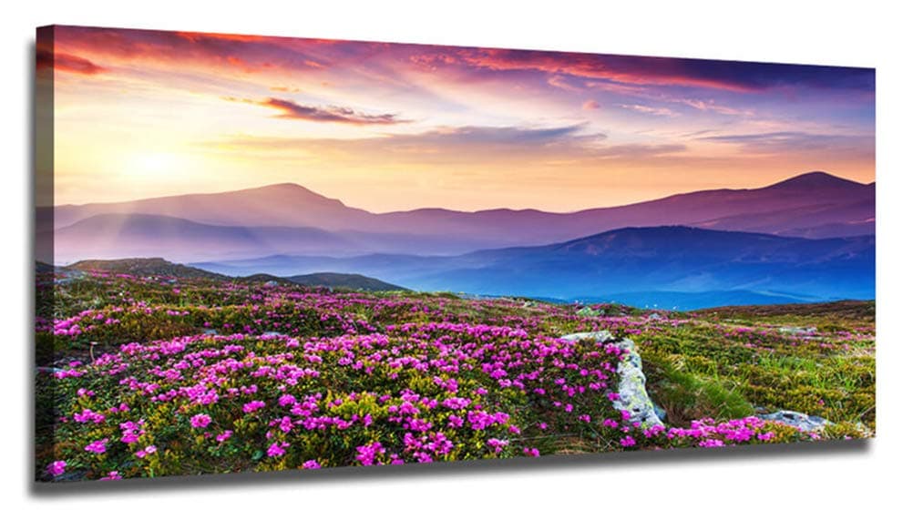 Ardemy Purple Mountain Fall Canvas Wall Art Landscape Picture Prints Modern Painting, Wildflowers Scenery Artwork Framed Large Size 48"x24" for Living Room Bedroom Bathroom Home Office Wall Decor