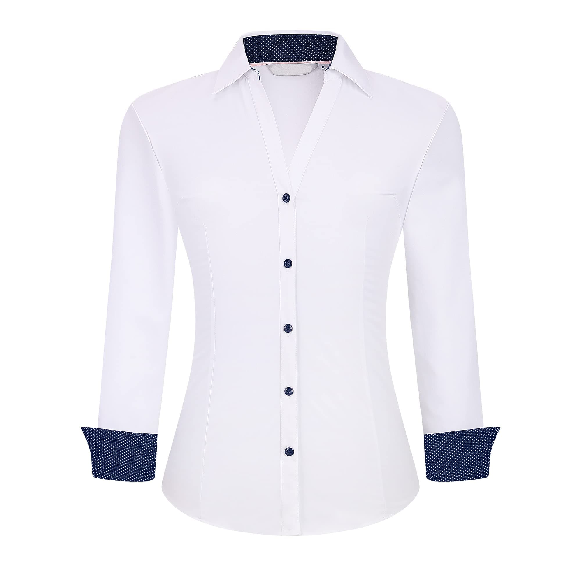 Womens Button Down Shirt Long Sleeve Work Dress Shirts, V Neck Easy Care Stretchy Business Casual Blouses for Women