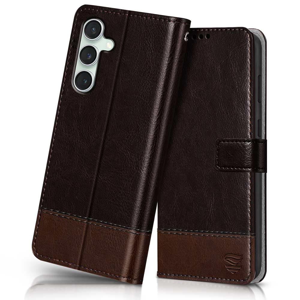 FLIPPED Vegan Leather Flip Case Back Cover for Samsung Galaxy S23 FE 5G (Flexible, Shock Proof | Hand Stitched Leather Finish | Card Pockets Wallet & Stand | Coffee with Brown)