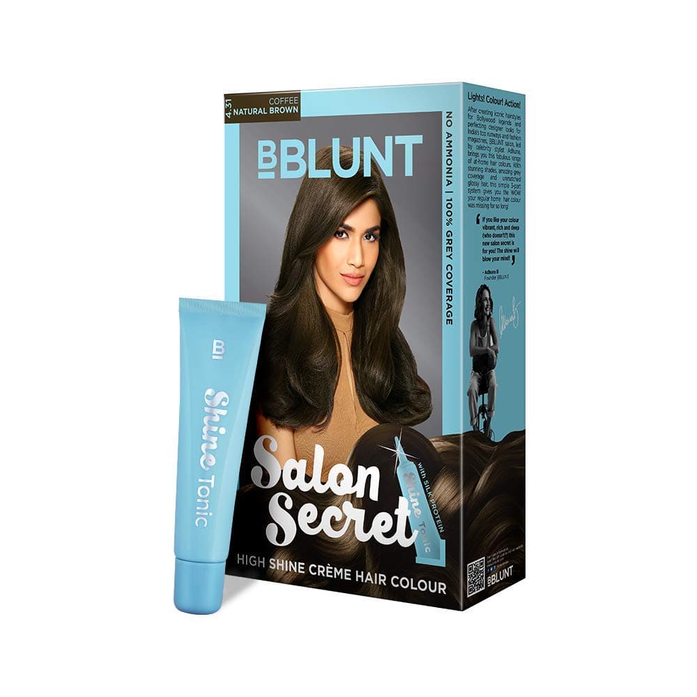 BBLUNT Salon Secret High Shine Crème Hair Colour Coffee Natural Brown 4.31 | No Ammonia Hair Colour, Natural Brown Shade with High Shine Look, Long-Lasting Colour & Grey Coverage & Salon Finish, 100g