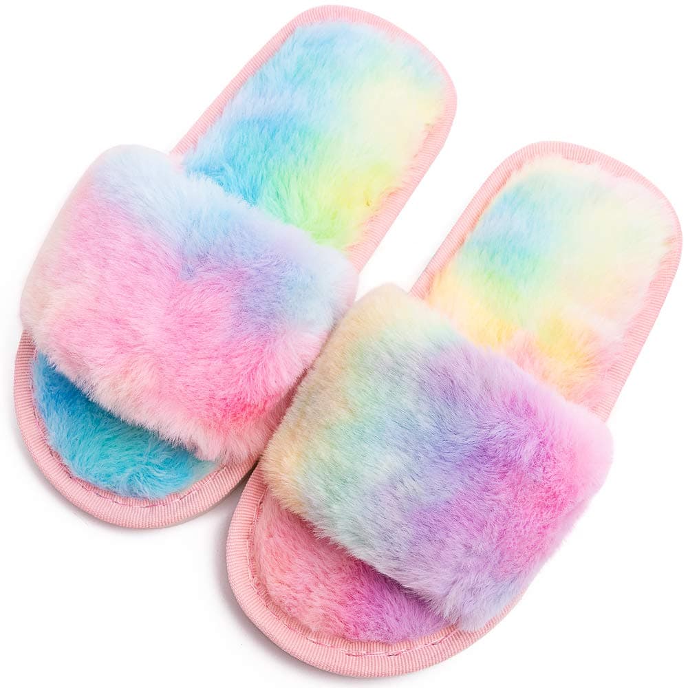 techcity Boys Girls Fuzzy House Slippers Cute Comfy Faux Fur Slip On Fluffy Plush Open Toe Home Slides for Kids Indoor Outdoor Warm Shoes