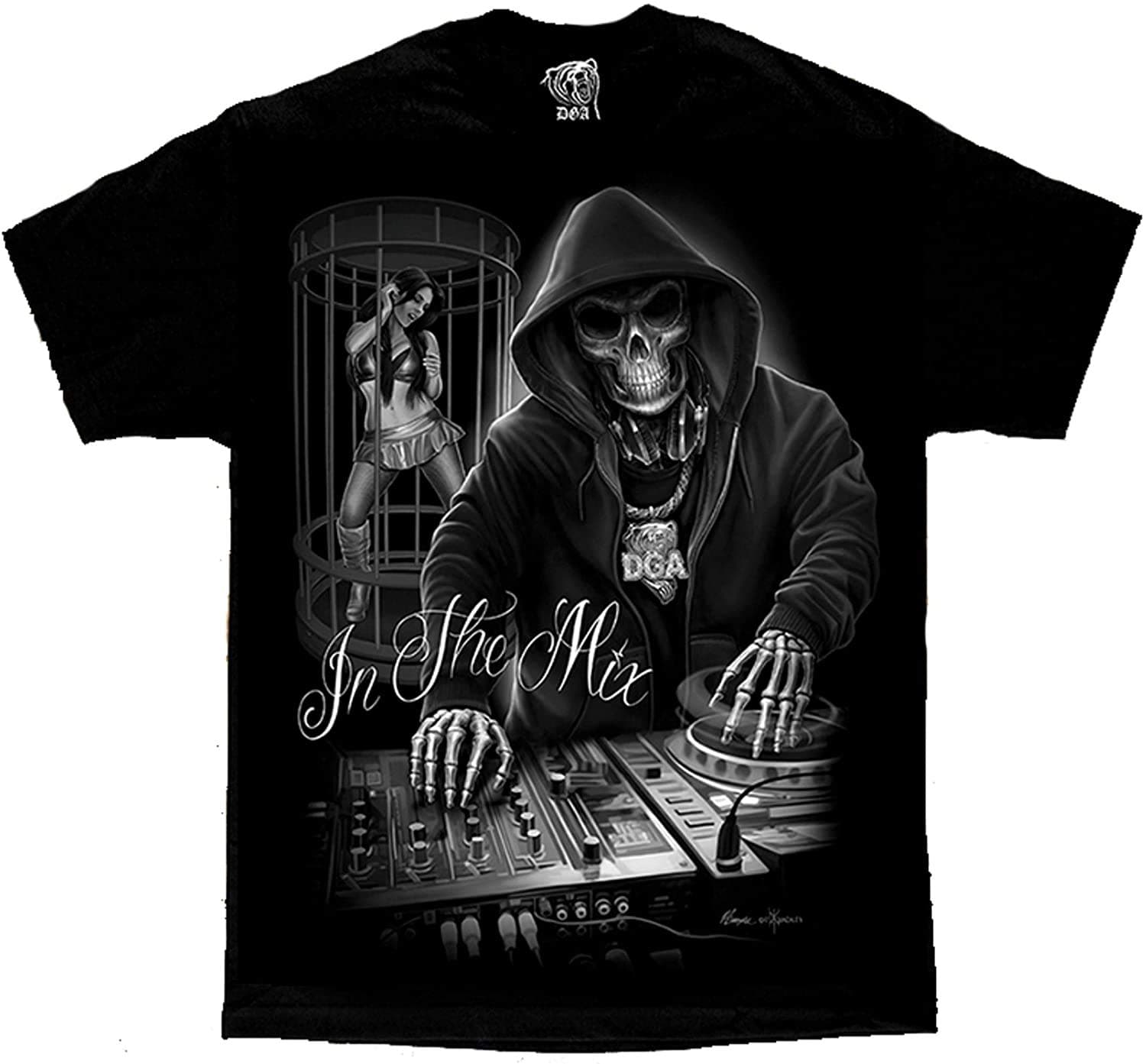 DGA David Gonzales Artin The Mix DJ Death Skull Sexy Girl Turntables David Gonzales DGA Art T Shirt XX-Large Black