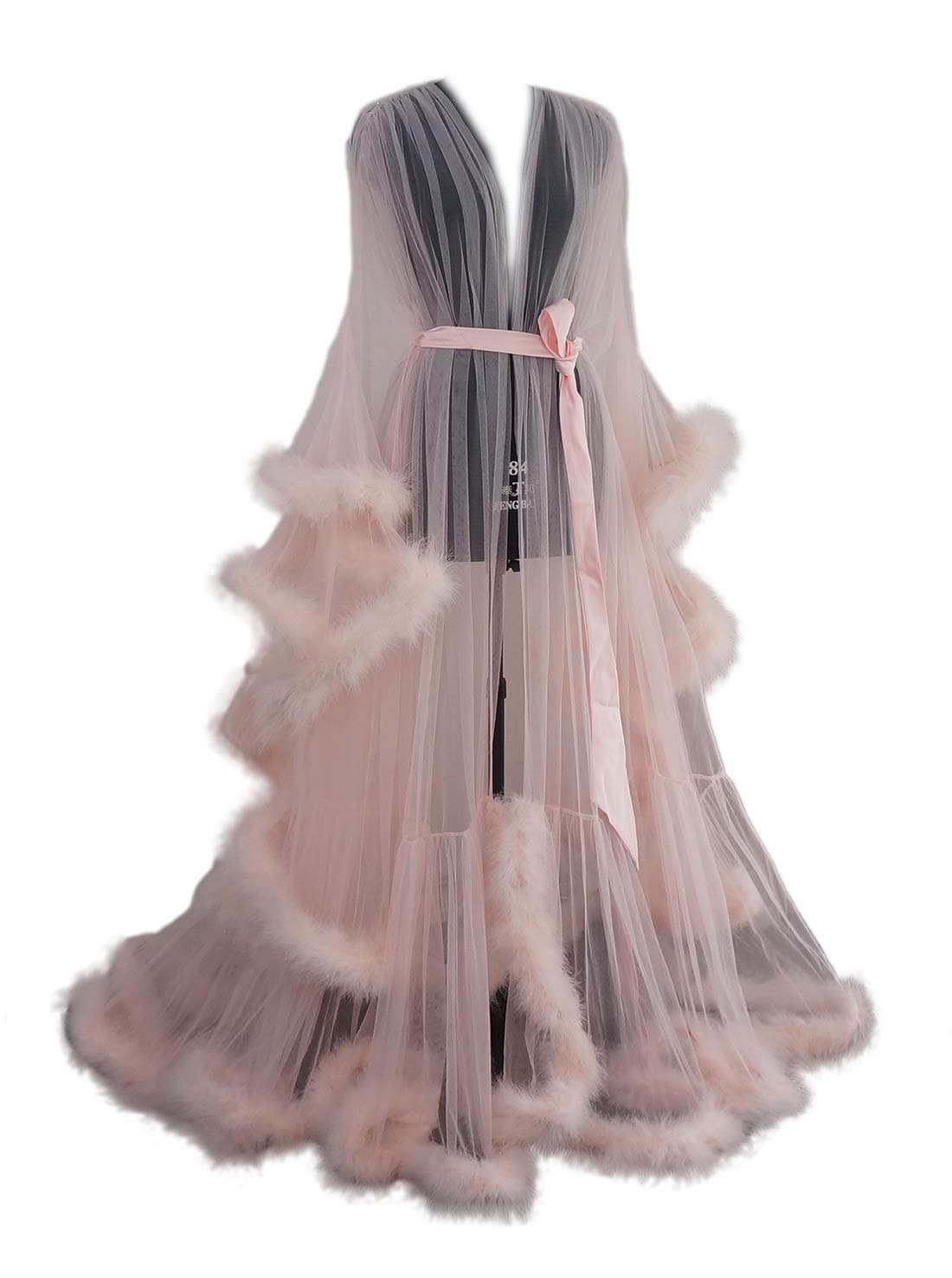 Old Hollywood Feather Robe Sexy Boudoir Robe Feather Bridal Robe Tulle Illusion Long Wedding Scarf New Custom Made (Blush Pink, XL)