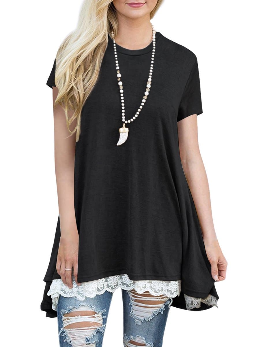 MBIGM Womens Lace Casual Short Sleeve Tunic Tops Loose Shirt Blouse (Black, Large)