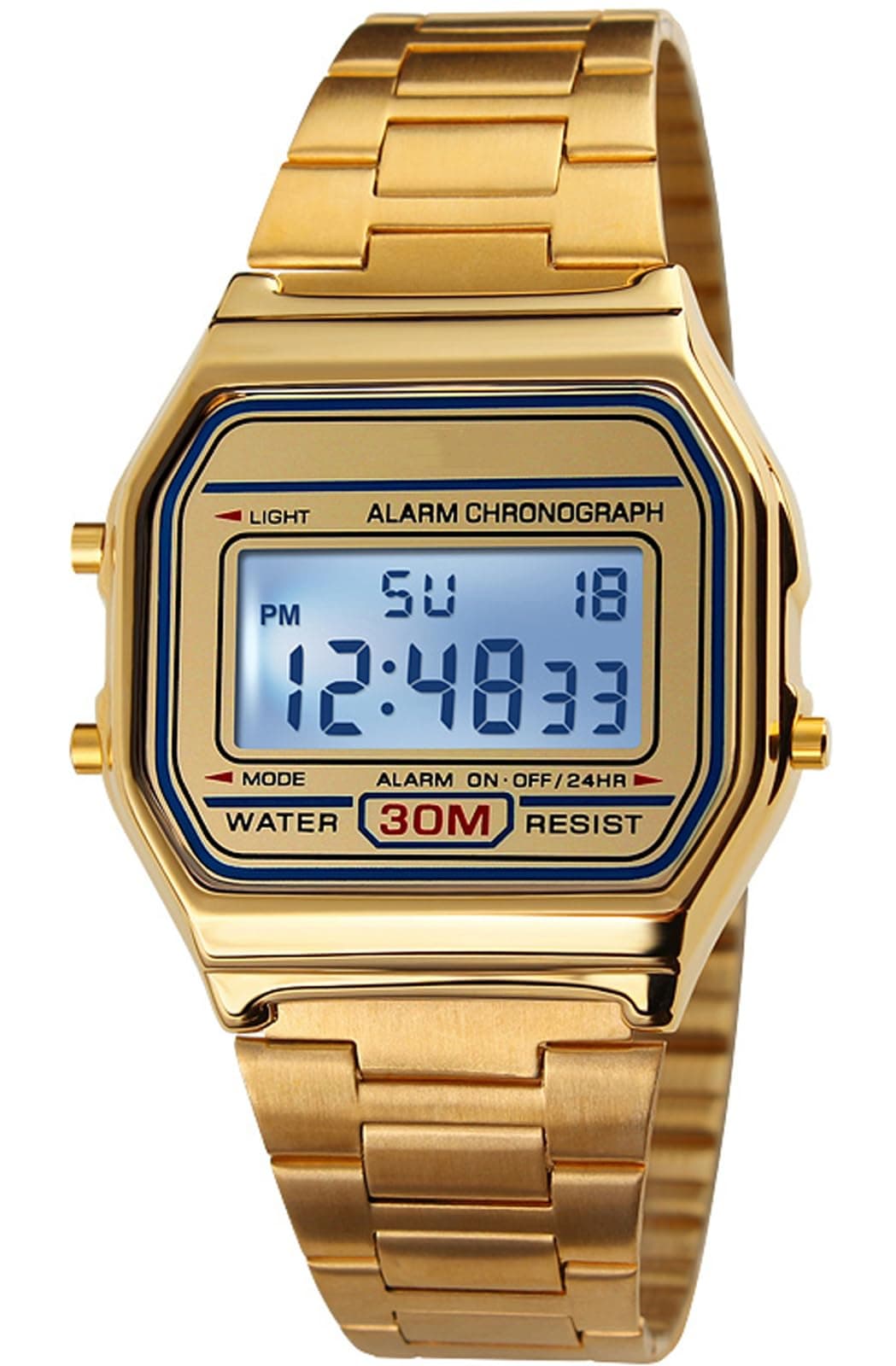 Men's Digital Gold Stainless Steel Watch Backlit Multifunction Stopwatch Waterproof Sport Watches