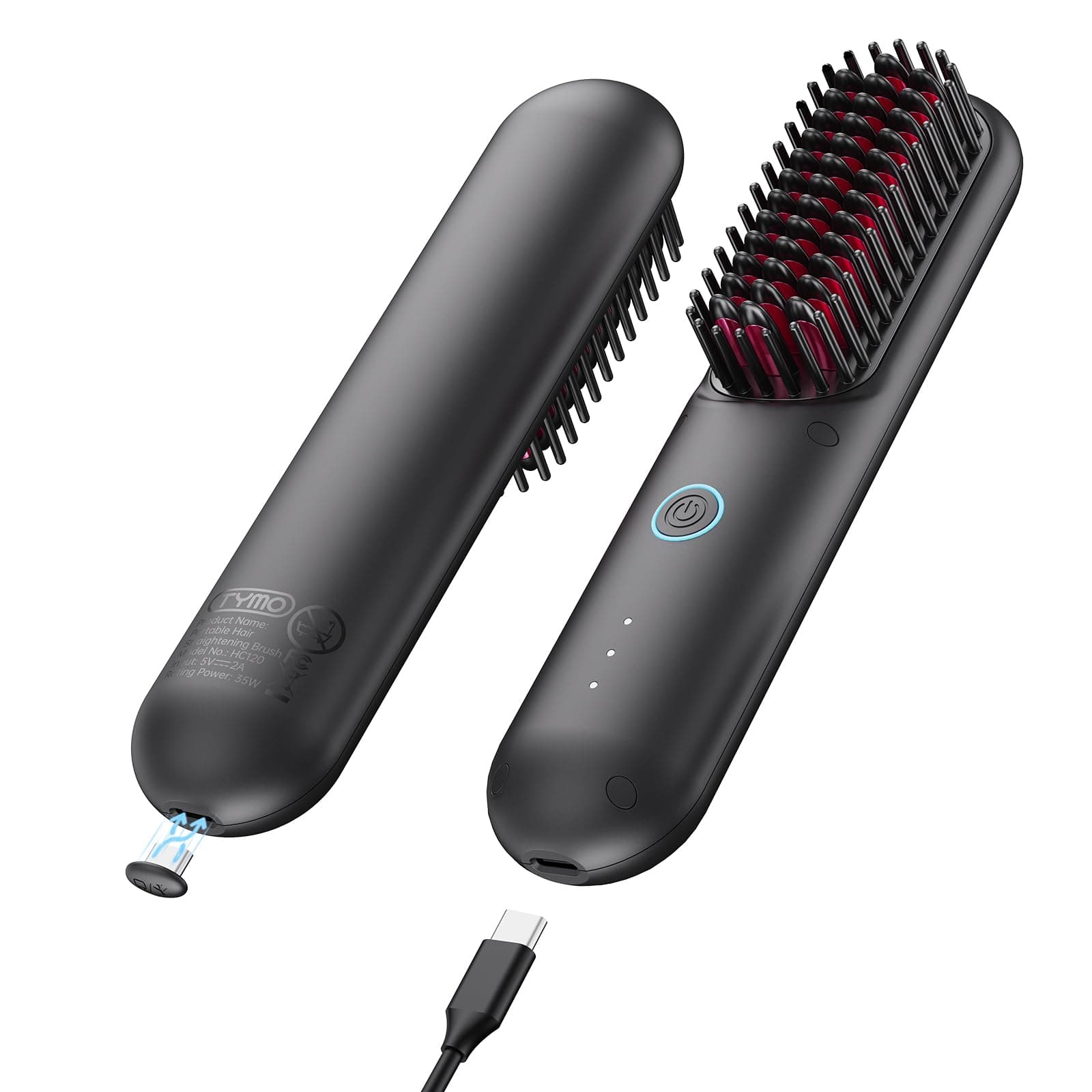 TYMO Cordless Hair Straightener Brush - Porta ECO Portable Straightening Brush for Travel, Mini Hot Straightening Comb for Women, Ceramic Coating, Lightweight for Touch-ups, Anti-Scald, Black
