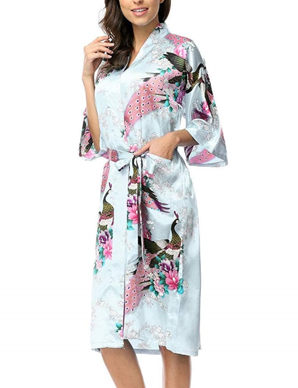 Asian Peacock Kimono Women's Satin Silk Robe - One Size