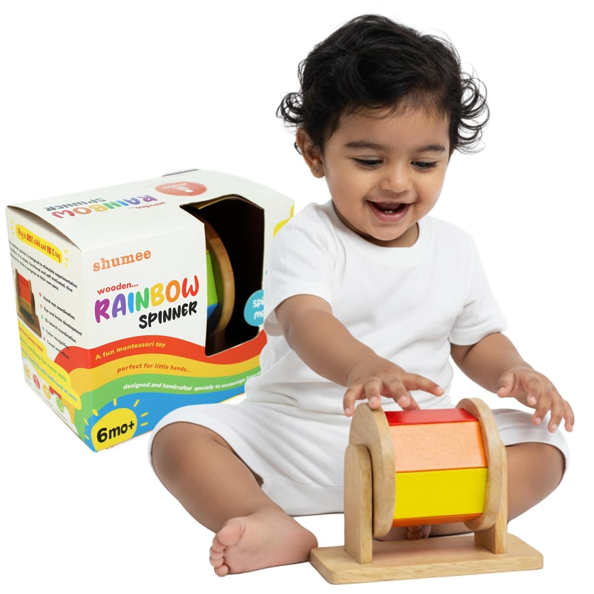 - Wooden Rainbow Spinner Toy For Babies | (6 Months+) | Montessori Spinning Wheel | Tummy Time Sensory | Fine Motor Skills | Develop Hand-Eye Coordination | Handcrafted | Chakri/Buguri | Gift Toy
