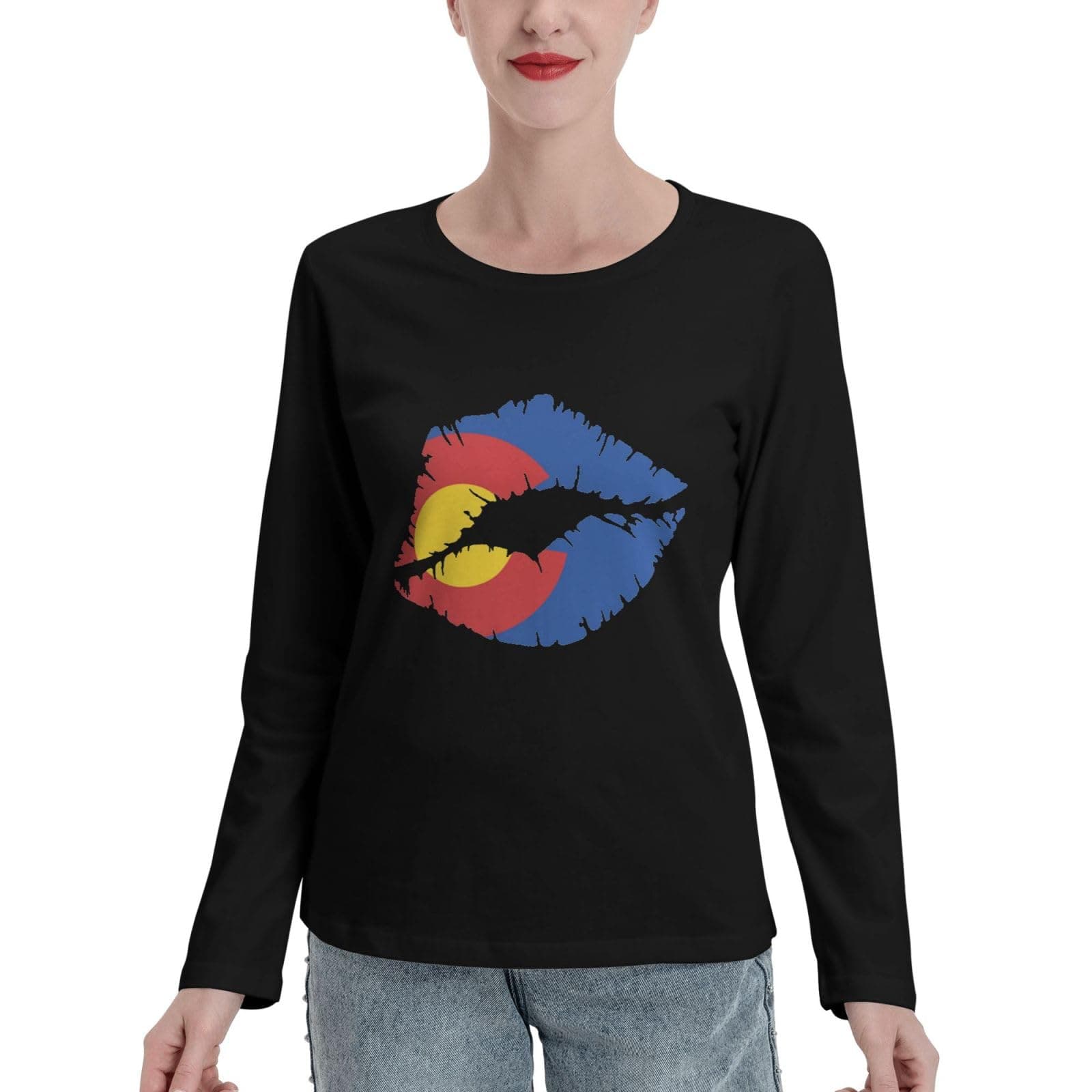 Womens Long Sleeve Cotton Crew-Neck T-Shirt Colorado-Lips Casual Basic Tops Blouse