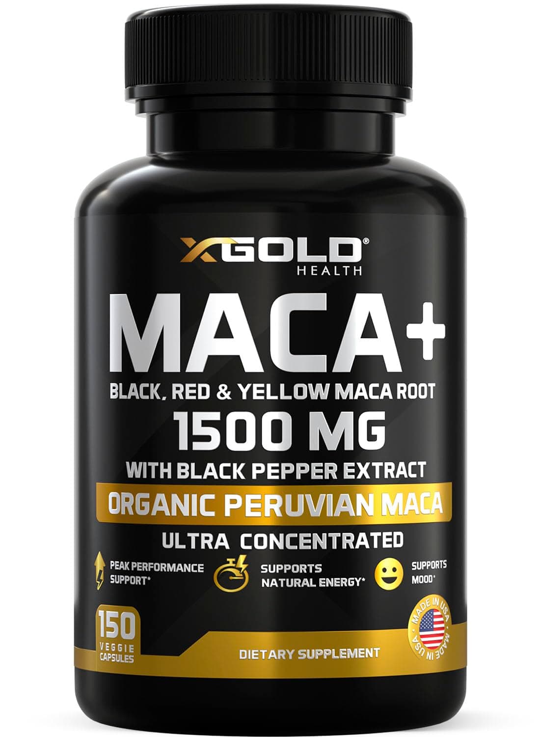 X Gold Health Organic Maca Root Capsules 1500mg – Peruvian Black, Red & Yellow Maca – Energy, Stamina, Libido & Hormone Balance Support for Men & Women – Vegan, Non-GMO – 150 Veggie Capsules