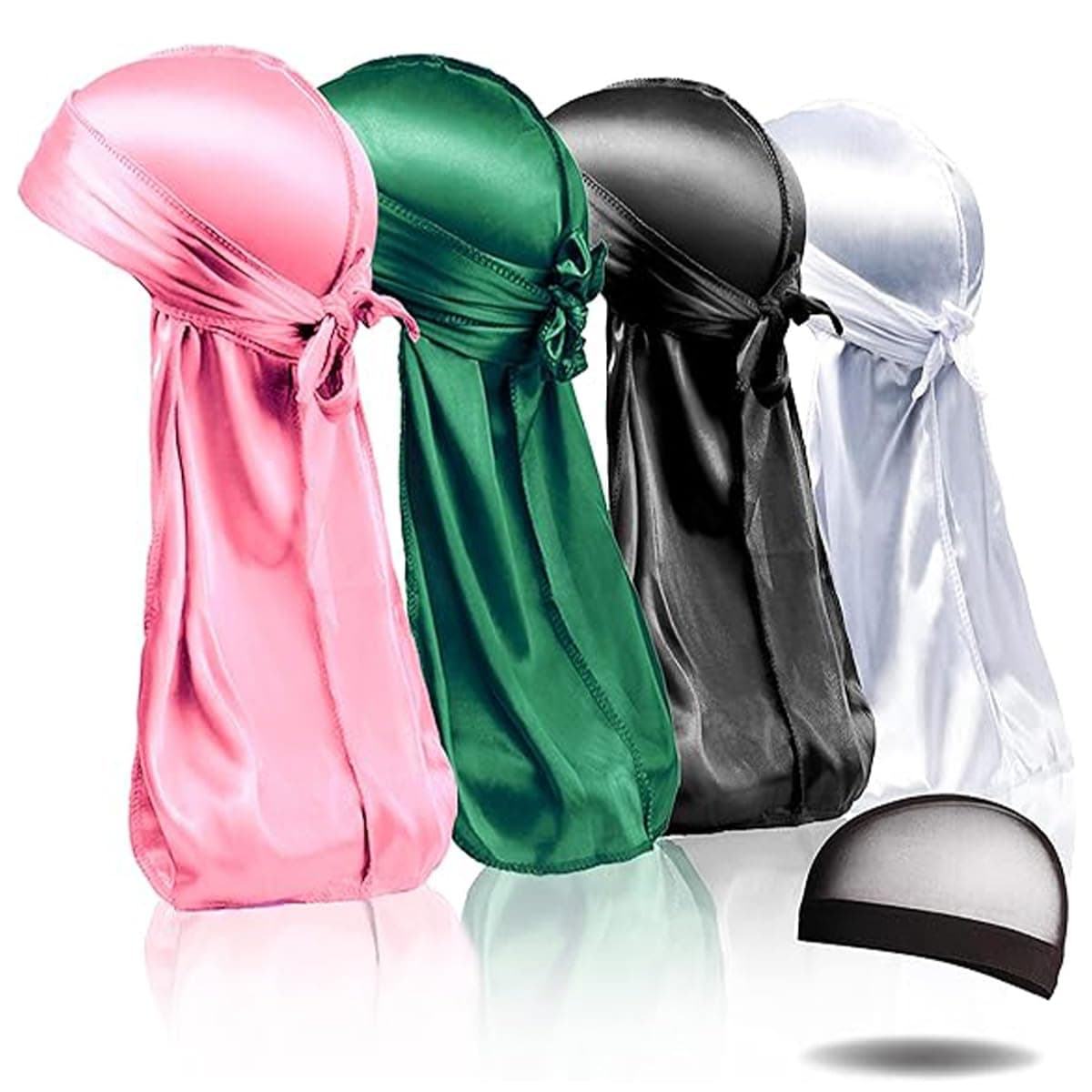 Selalu4PCS Silky Durags, Silk Durag for Men Women Waves, Silk Durag Pack with 1 Wave Cap, Silky Satin Durag Extra Long Tails