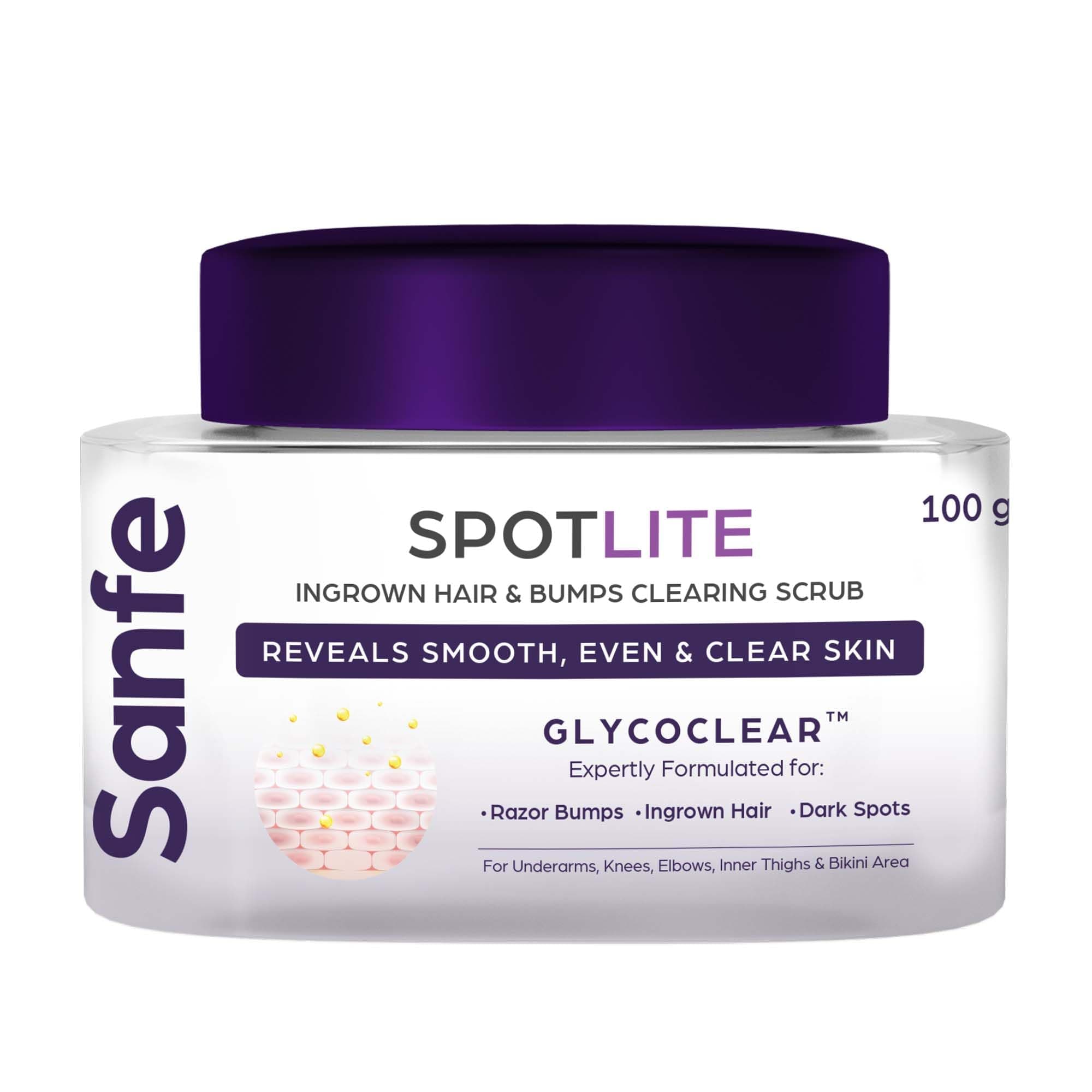 Sanfe Spotlite Ingrown Hair & Bumps Clearing Body Scrub For Dark Underarms, Inner Thighs And Sensitive Areas | 3X Quicker Penetration With Glycoclear | 10% Glycolic Acid, Walnut Beads | Helps in Depi