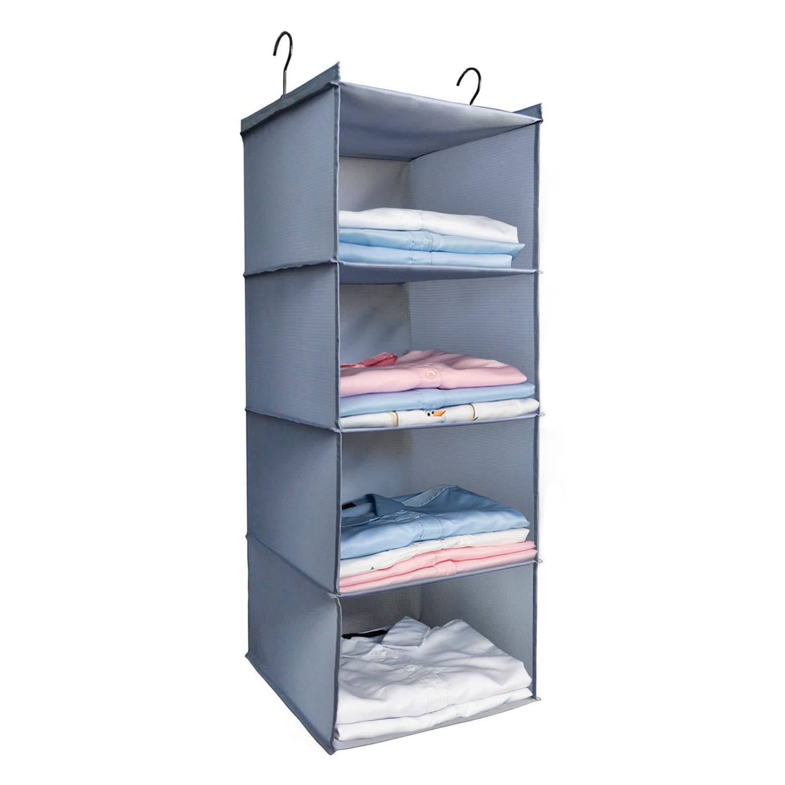 Hanging Closet Organizer, Easy Mount Foldable 4-Shelf Hanging Closet Wardrobe Storage Shelves, Clothes Handbag Shoes Accessories Storage, Washable Oxford Cloth Fabric, Gray
