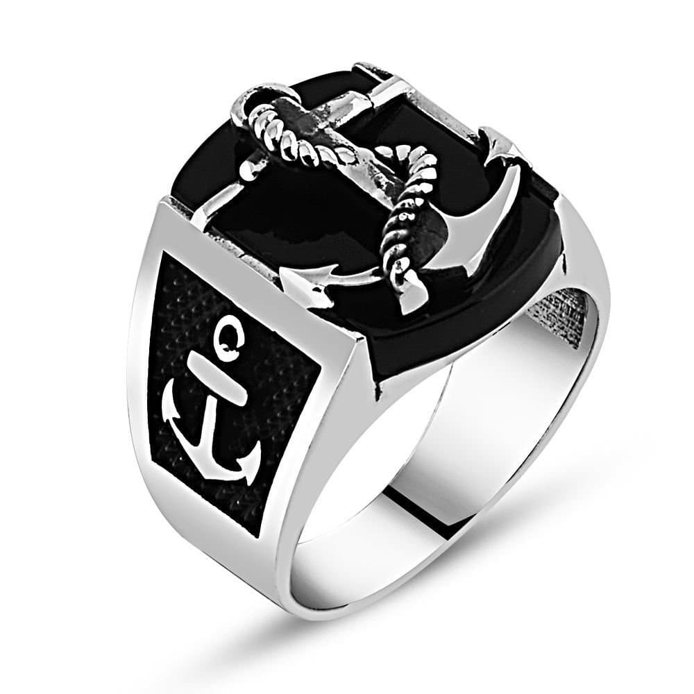 argunjewelleryTurkish Jewelry Anchor Motif Onyx Stone 925K Sterling Silver Men's Ring