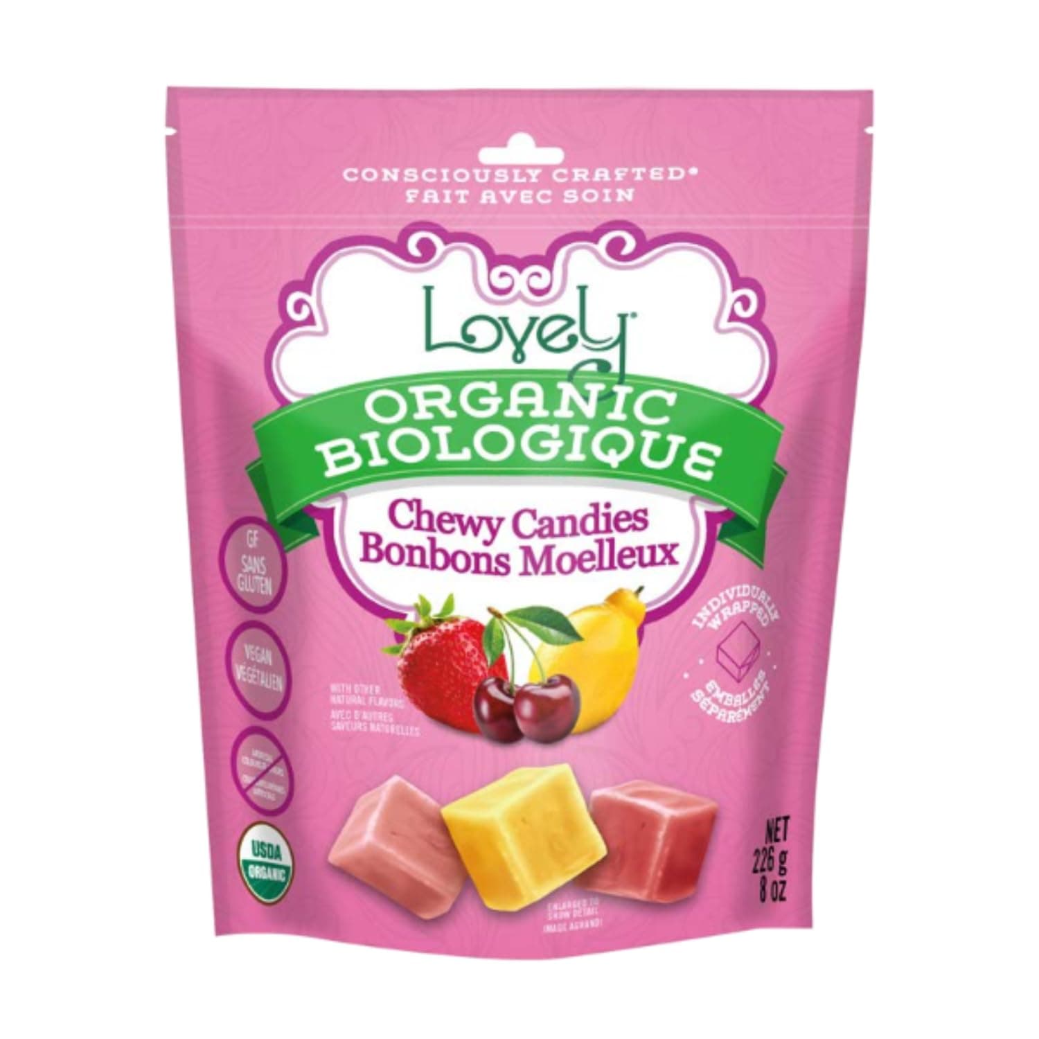 Lovely Candy Co. Organic Chewy Candies 8oz Bag (1-pack) | Natural Strawberry, Lemon & Cherry Flavors | Vegan, Gluten Free, Non-GMO, No Artificial Ingredients, Individually WrappedUSDA Organic
