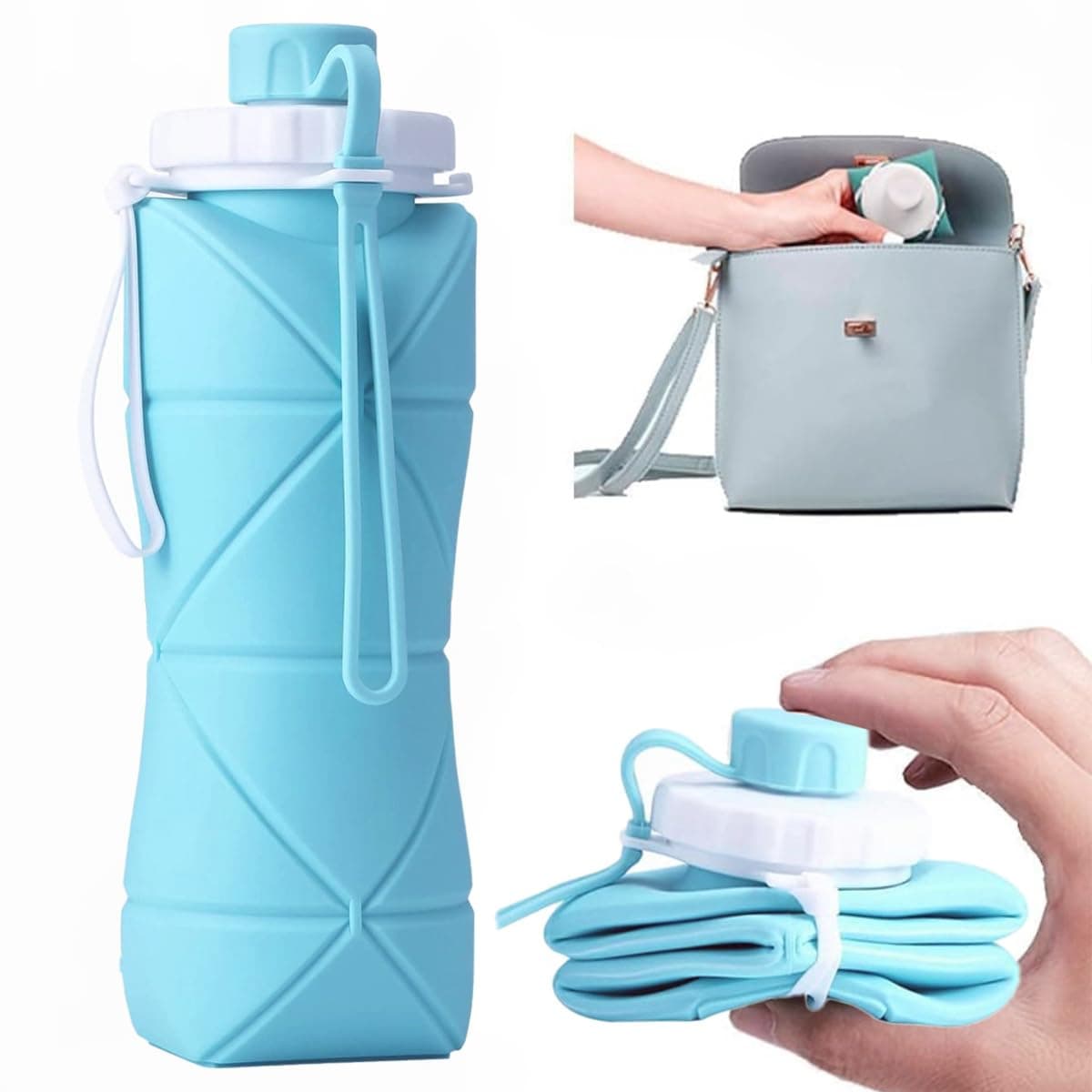Folding Silicone Water Bottle Sports Water Bottle Outdoor Travel Portable Water Cup Running Riding Camping Hiking Kettle - 600 Ml - Blue