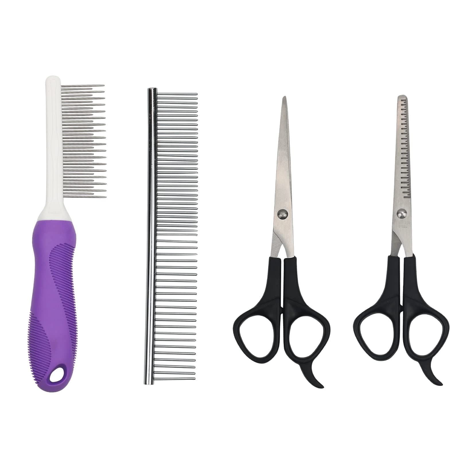 Detangling Comb for Dogs & Cats, Metal Pet Comb with Long and Short Teeth Stainless Steel Dog Detangler Comb Kit with Scissors for Matted Hair Remove Knots Tangles DIY Grooming (Purple)