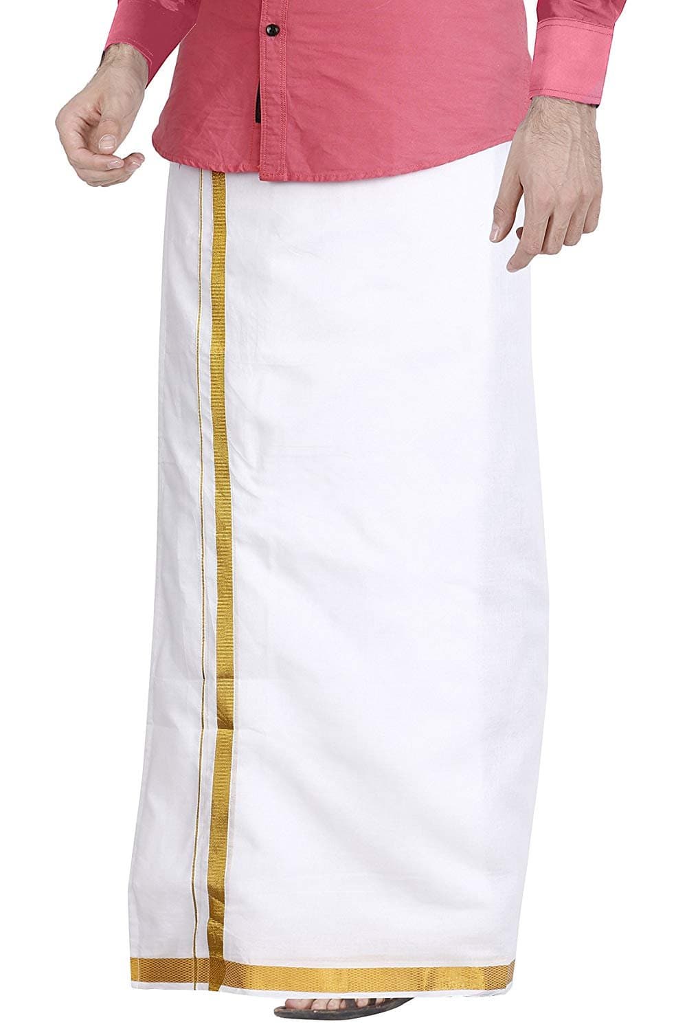 Cotton Crown Kings Men's Cotton Dhoti with Gold Jari (White, Free Size)