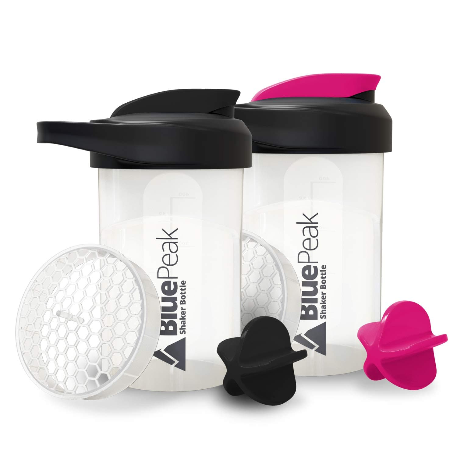 BluePeakProtein Shaker Bottle 20 oz with Dual Mixing Technology, Strong Loop Top, BPA Free, Shaker Balls & Mixing Grids Included - On-The-Go Small Protein Shakers (2 Pack - Black & Pink)