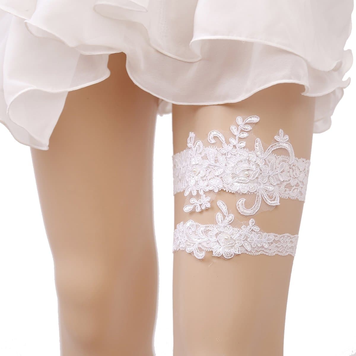 Wedding Garters for Bride Lace Garter Belt Bridal Garter Set with Rhinestones (White)