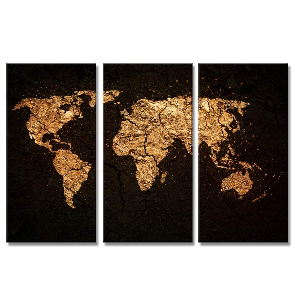 3 Piece World Map Wall Art Decor for Living Room, Large Giclee World Map Painting Artwork Prints on Canvas,Modern Wooden Framed Maps Poster Ready to Hang for Office Bedroom Home Decorations