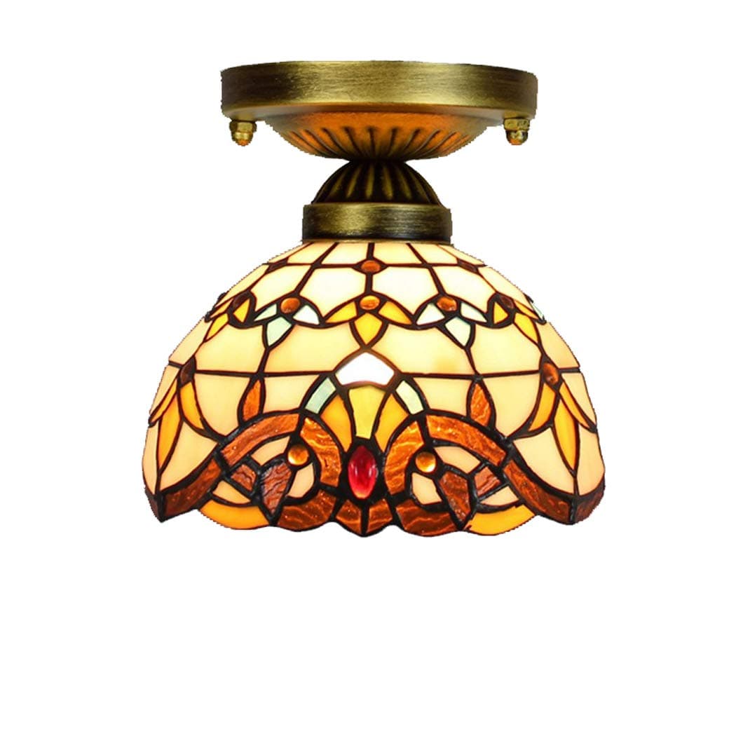 Vintage Semi Flush Mount Ceiling Light Tiffany Style Yellow Baroque Stained Glass Ceiling Lamp for Bedroom Study Living Room E27, 20CM