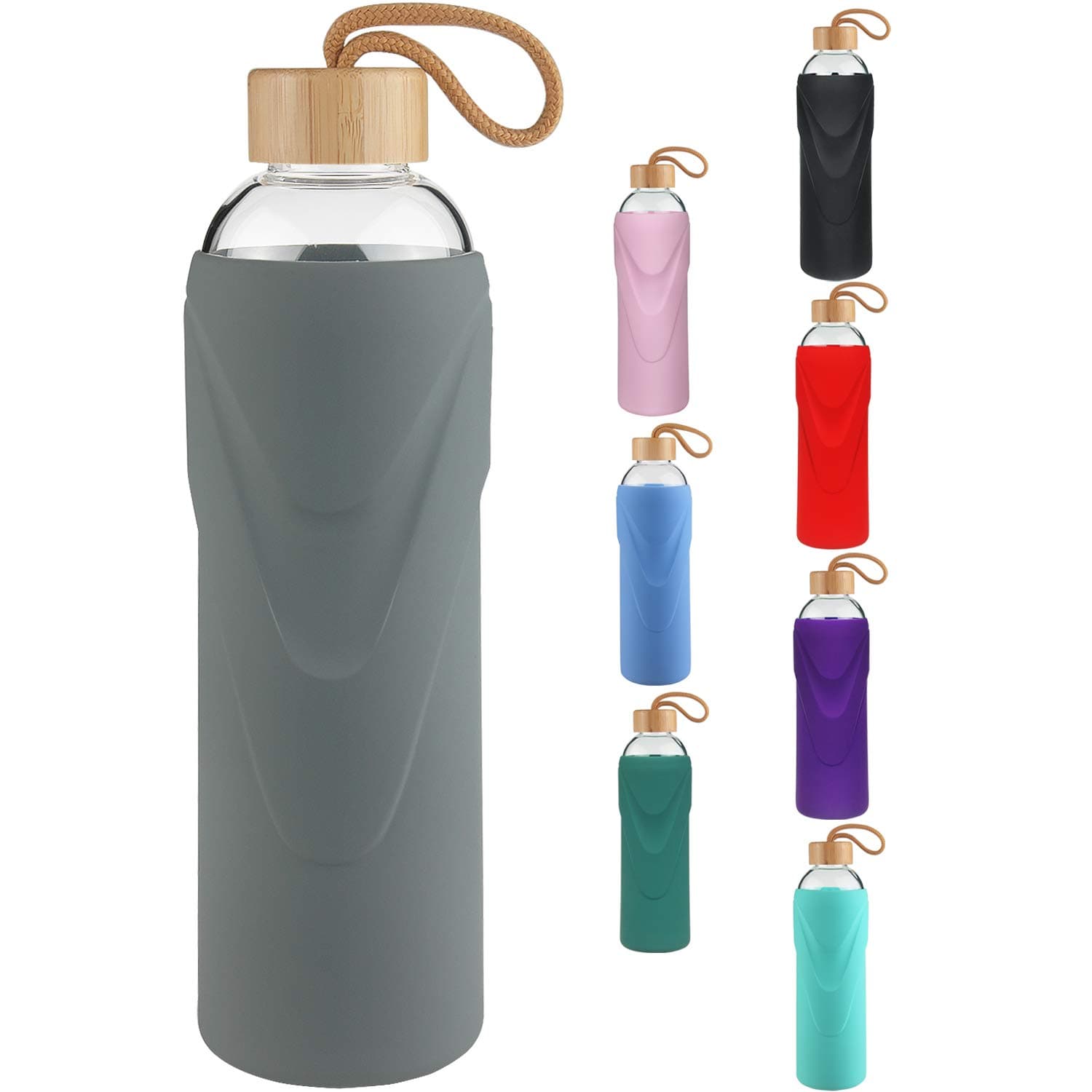 FCSDETAIL Sports Borosilicate Glass Water Bottle, Glass Drinking Bottle with Silicone Sleeve and Leak-proof Lid 420ml / 660ml / 1000ml